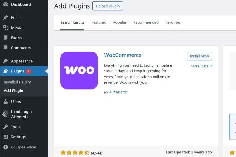Image: Plugin WooCommerce dans la liste de sélection des plugins disponibles de WordPress