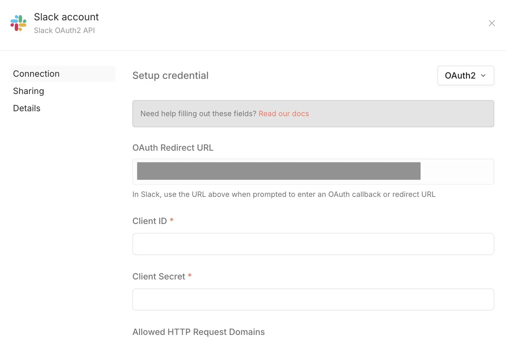 n8n : renseigner les credentials pour Slack Image: n8n : renseigner les credentials pour Slack