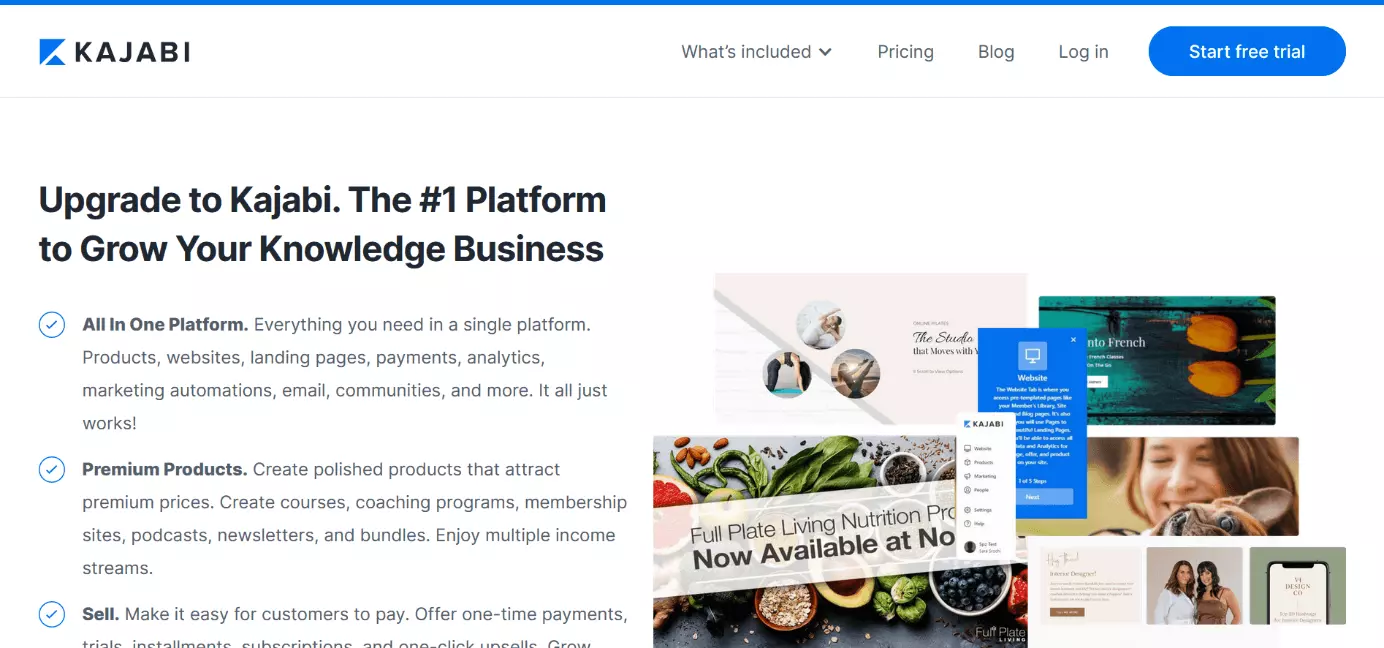 Capture d’écran du site Web de la plateforme Kajabi