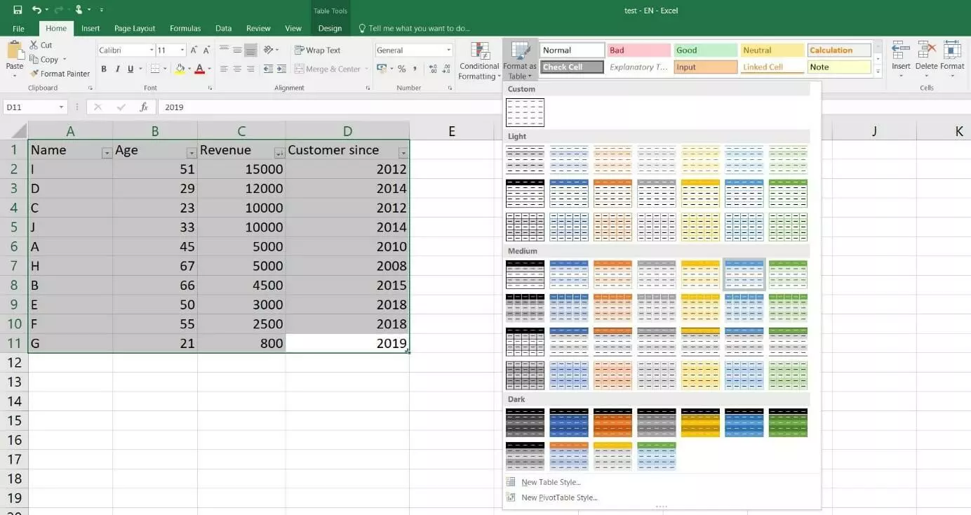 Image: Vue d’ensemble des modèles de tables Excel prédéfinis dans Excel 2016