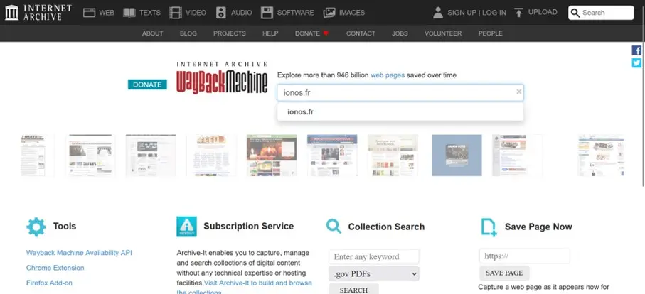 Fonction de la barre de recherche de la Wayback Machine Image: Fonction de la barre de recherche de la Wayback Machine