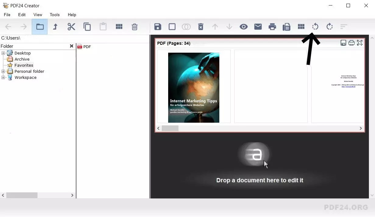 Image: Une flèche marque la fonction « Rotation des pages » dans le programme PDF24