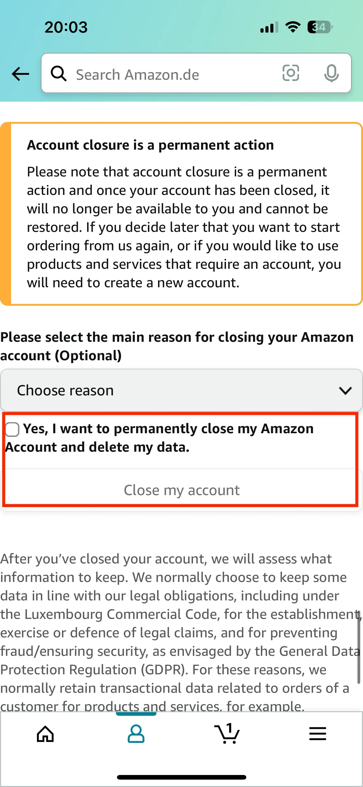 Appli Amazon : fermeture du compte Image: Appli Amazon : fermeture du compte