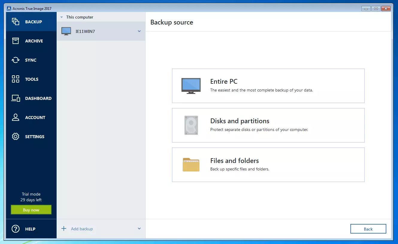 Acronis True Image 2017 : menu pour le choix de la source des données