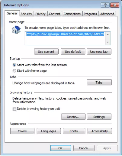Fenêtre « Options Internet » avec la fonction de suppression de l’historique de navigation.
