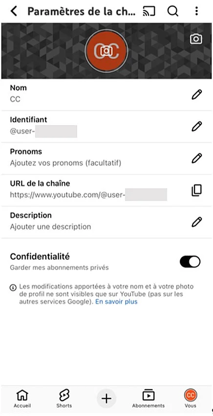 Changer le nom et la description de la chaîne Image: Changer le nom et la description de la chaîne