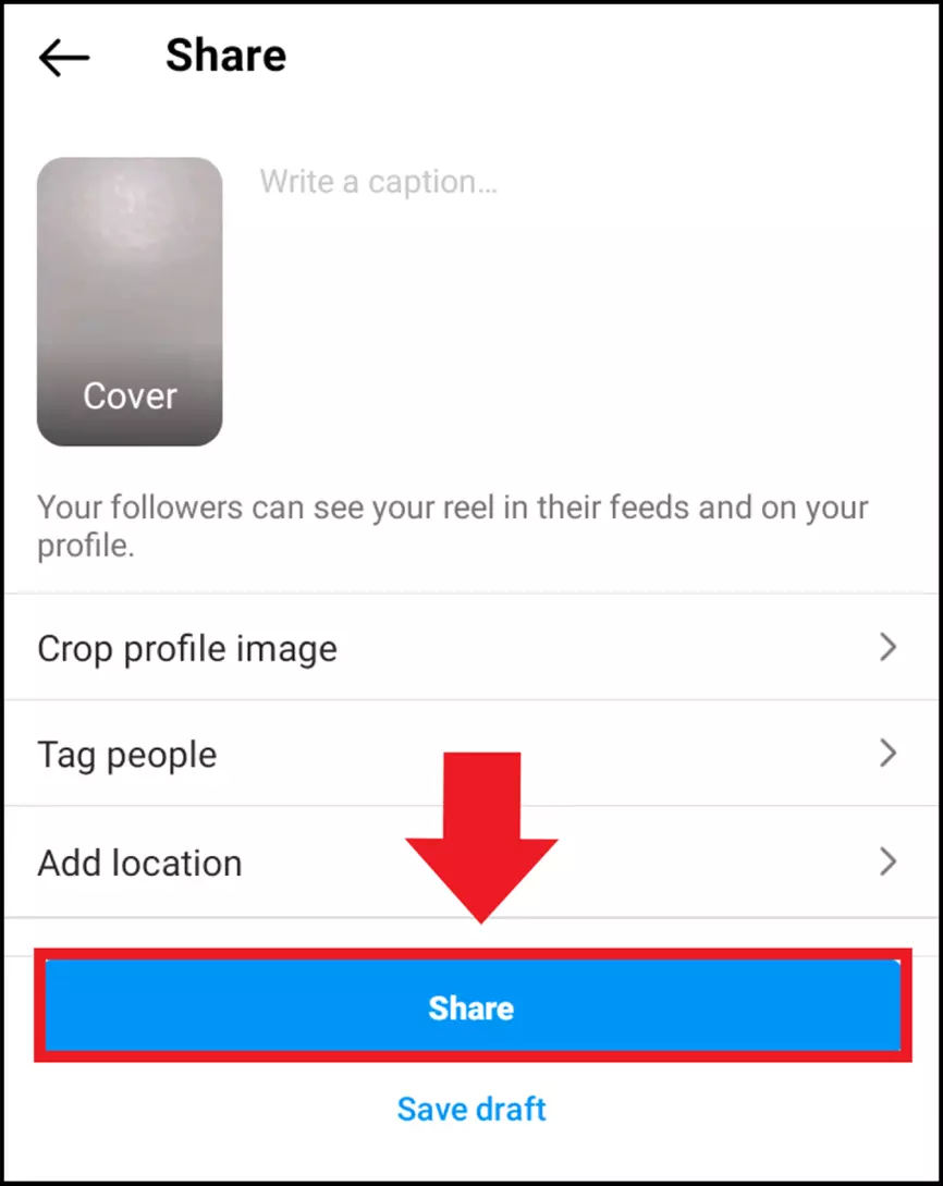 Le menu « Partager » avant la publication du Reel