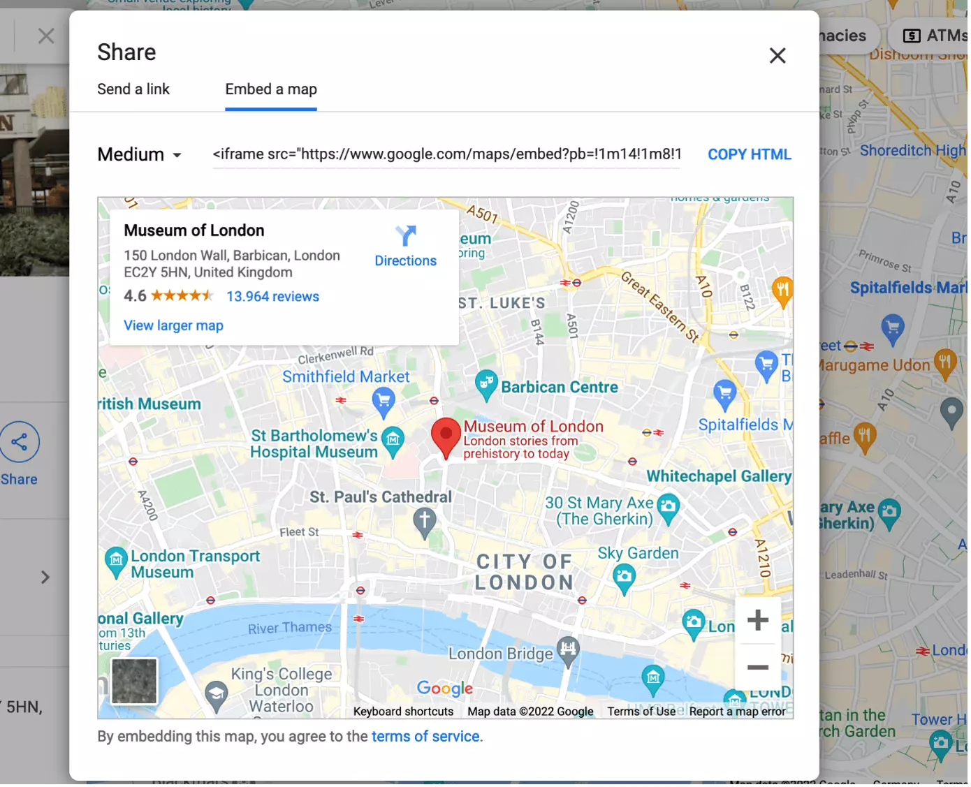 Copie d’écran de l’option « Intégrer une carte » Google Maps
