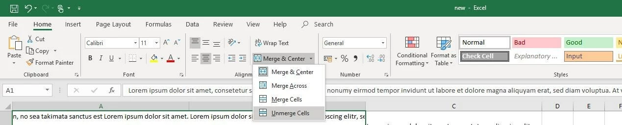Image: Options de sélection dans le menu Excel « Fusionner et centrer »