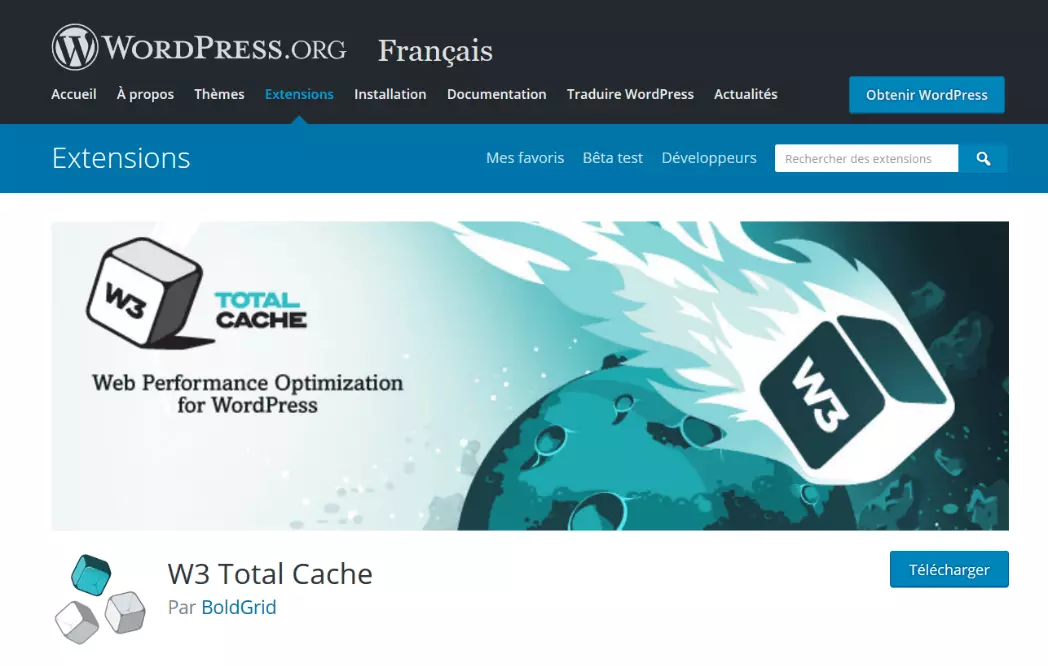 Le plugin de cache W3 Total Cache à télécharger sur WordPress.org