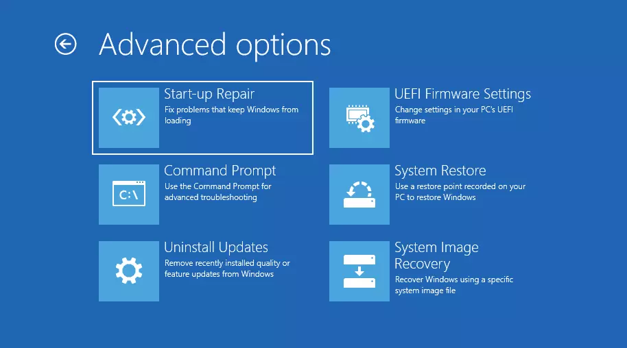 Capture d’écran des options avancées dans l’environnement de dépannage de Windows 11 Capture d’écran des options avancées dans l’environnement de dépannage de Windows 11