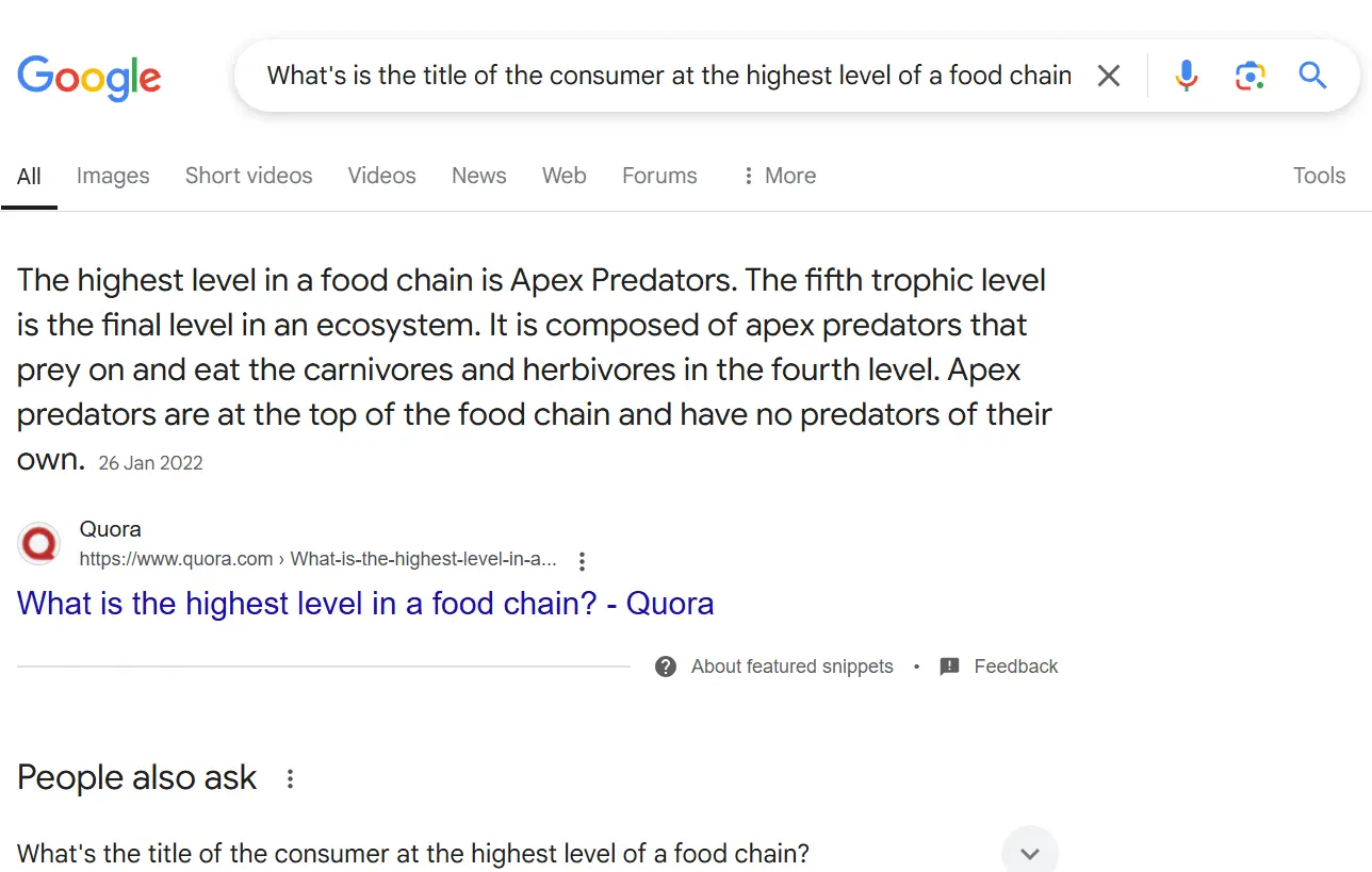 Image: Page de résultats de recherche Google pour la recherche « What’s the title of the consumer at the highest level of a food chain »