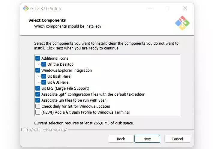 Image: Copie d’écran des critères de sélection de l’environnement PATH lors de l’installation de Git Bash