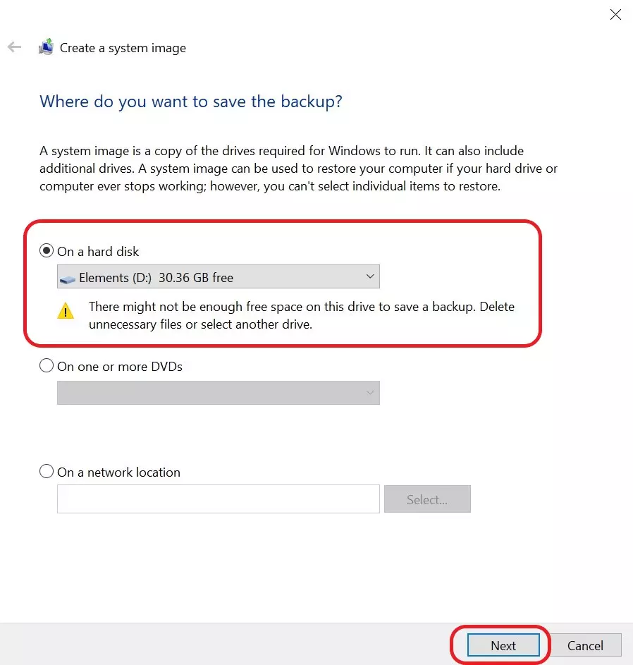 Image: Options d’enregistrement pour les backups de Windows 10