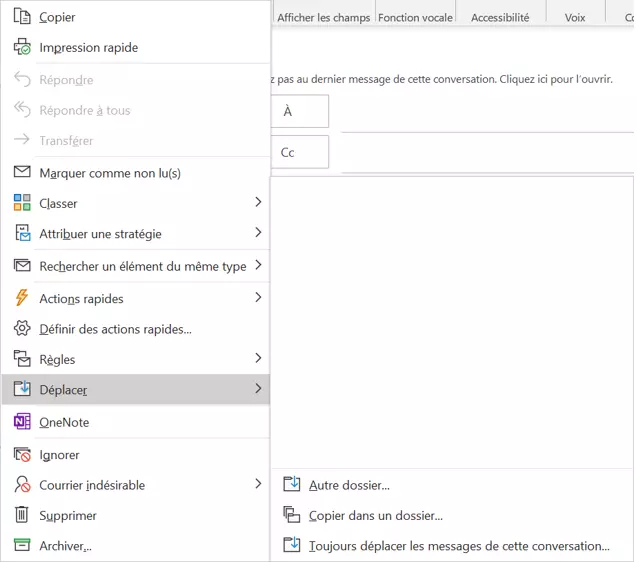 Image: Menu contextuel d’un email dans le dossier « Éléments supprimés »