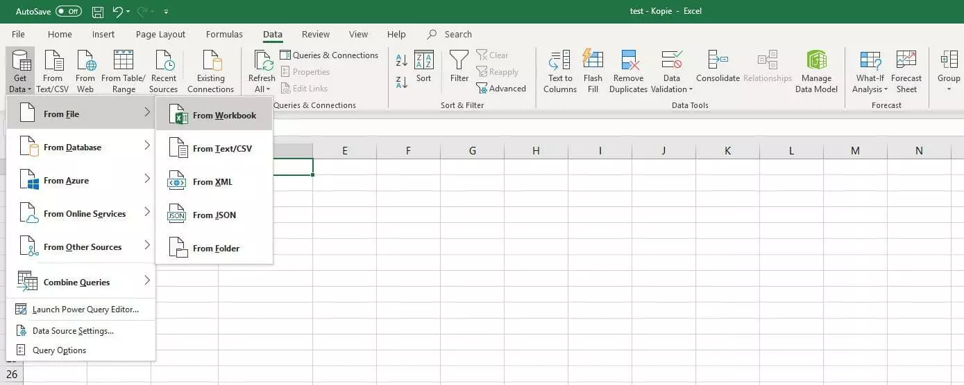 Image: Menu pour l’importation de données sous Excel 2016