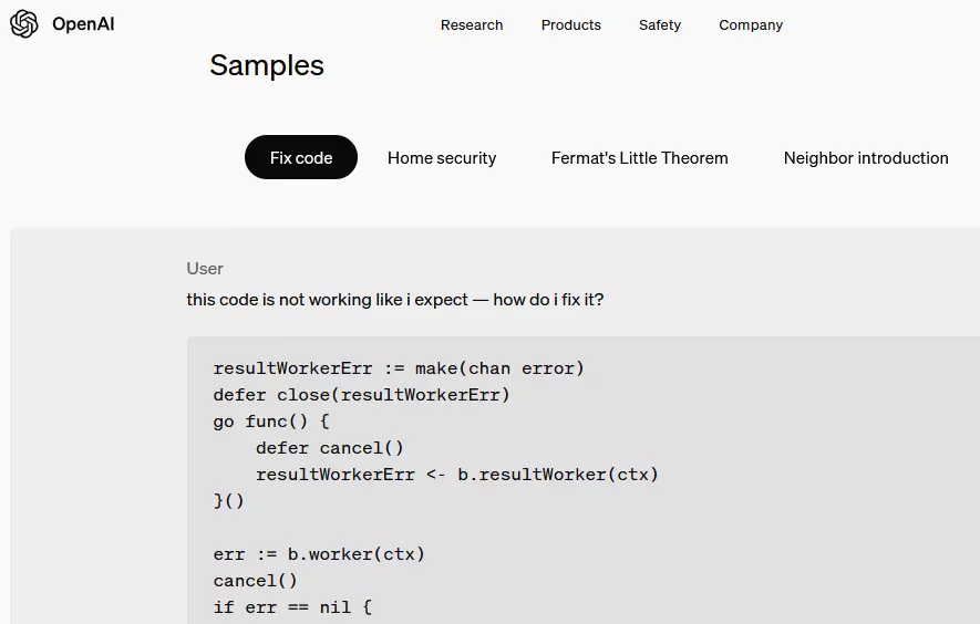 Site Web d’OpenAI : exemple de code ChatGPT Image: Site Web d’OpenAI : exemple de code ChatGPT