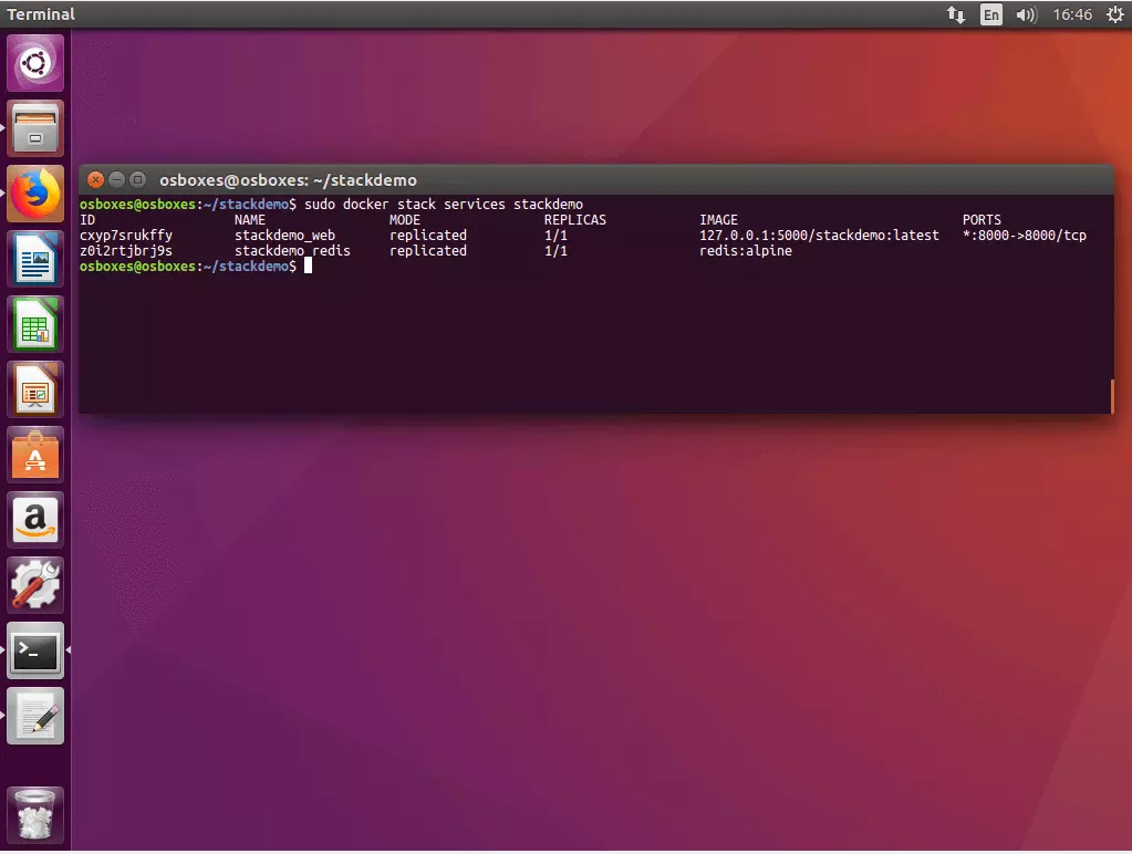 Image: La commande « docker stack services » dans le terminal Ubuntu