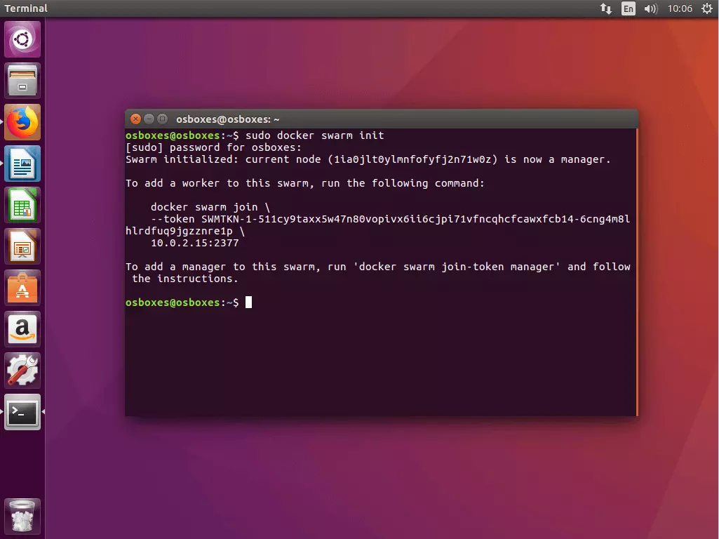 Image: La commande « docker swarm init » dans le terminal Ubuntu
