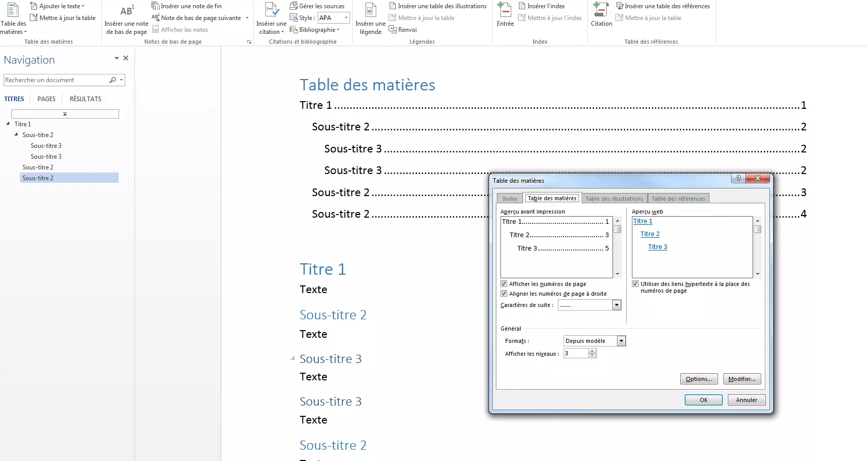 Image: Fenêtre pour ajuster le format de la table des matières.