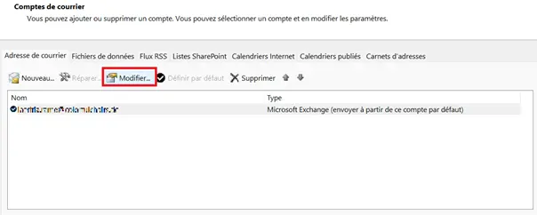 Image: Outlook : paramètres du compte