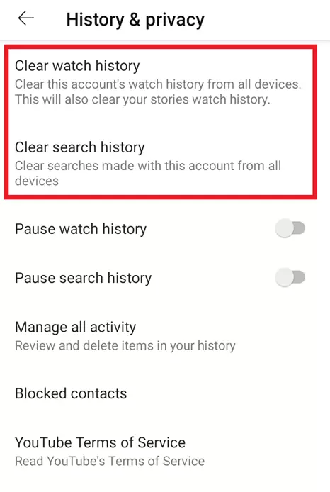 Image: Application YouTube : menu « Historique et confidentialité »