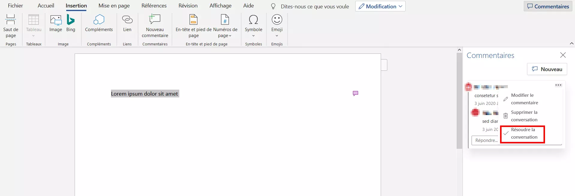 Image: « Résoudre la conversation » dans Word 2016