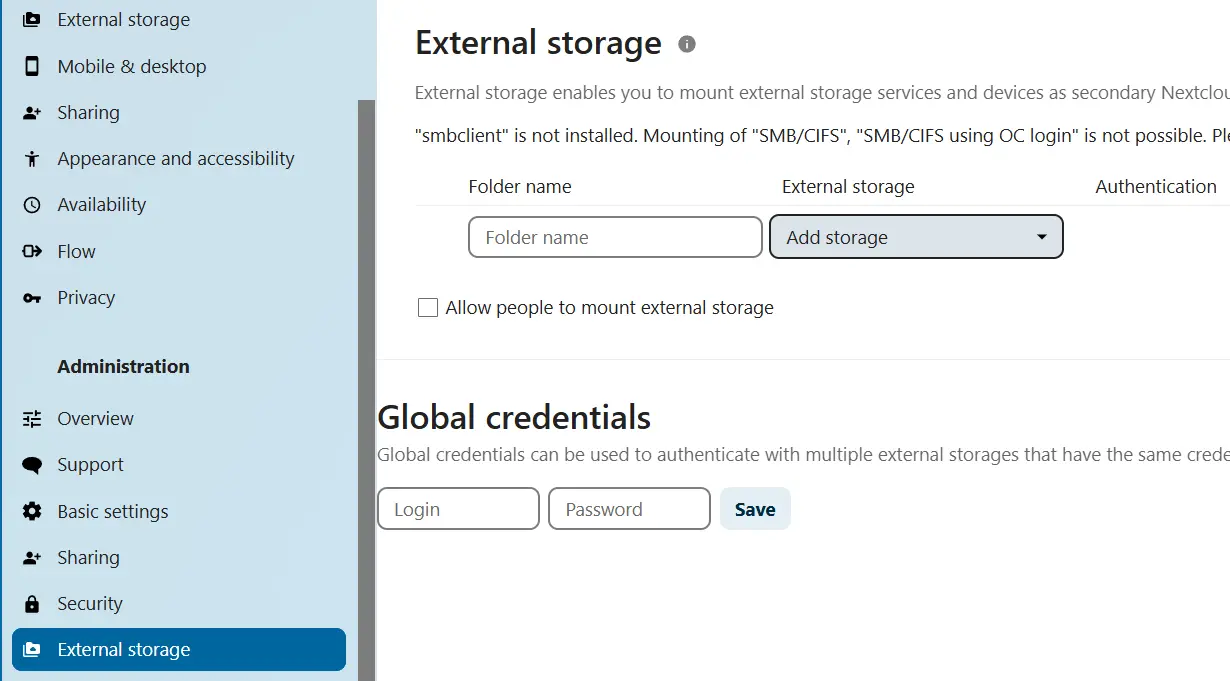 Nextcloud : menu « External Storage » Image: Nextcloud : menu « External Storage »