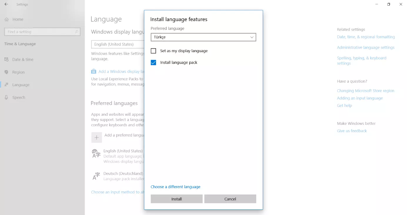 Image: Menu, permettant d’ajouter une nouvelle langue au clavier Windows 10