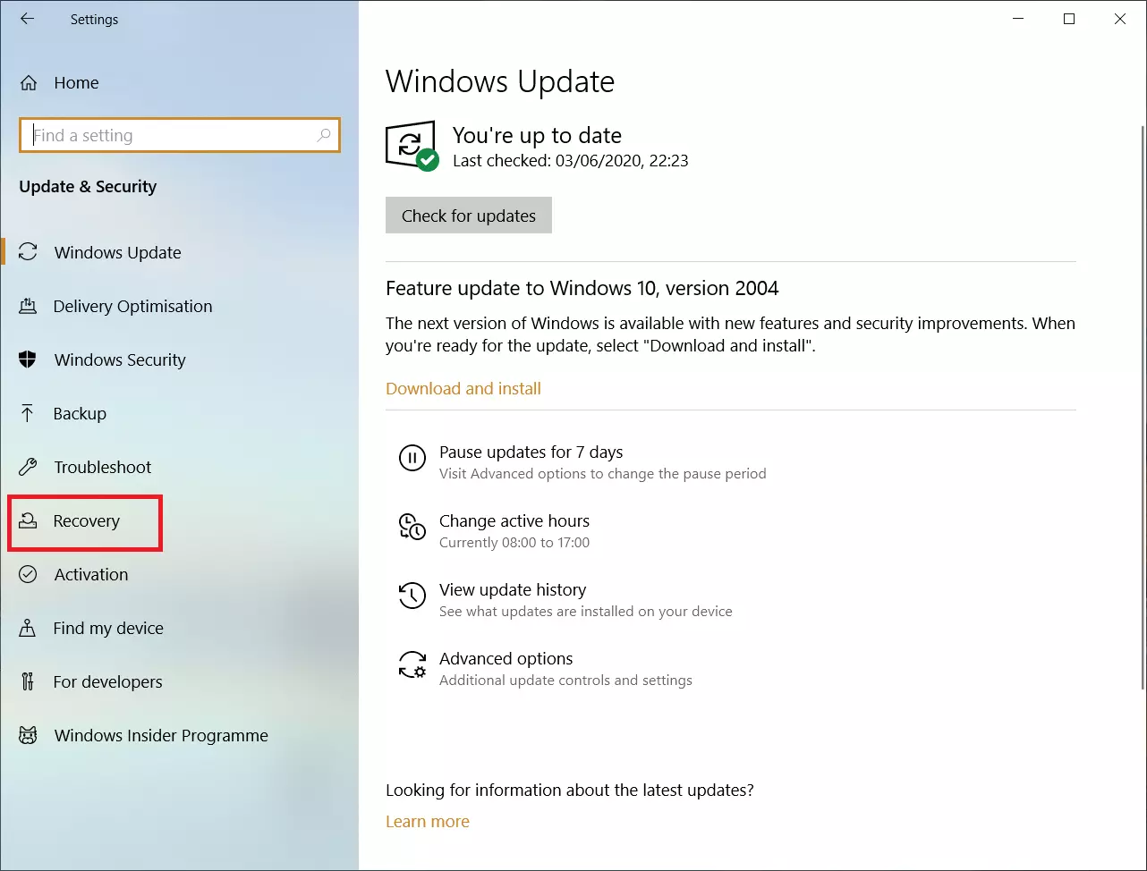 Image: Impression écran de la fenêtre Mise à jour et sécurité de Windows