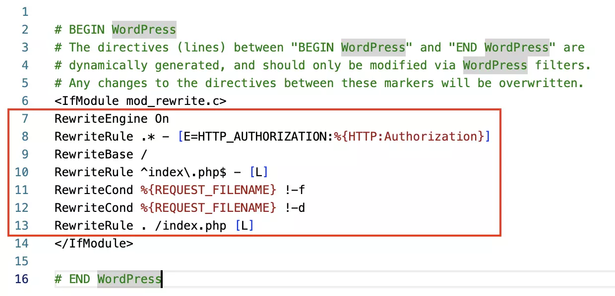 Fichier .htaccess existant, avec le code à remplacer mis en évidence Image: Fichier .htaccess existant, avec le code à remplacer mis en évidence