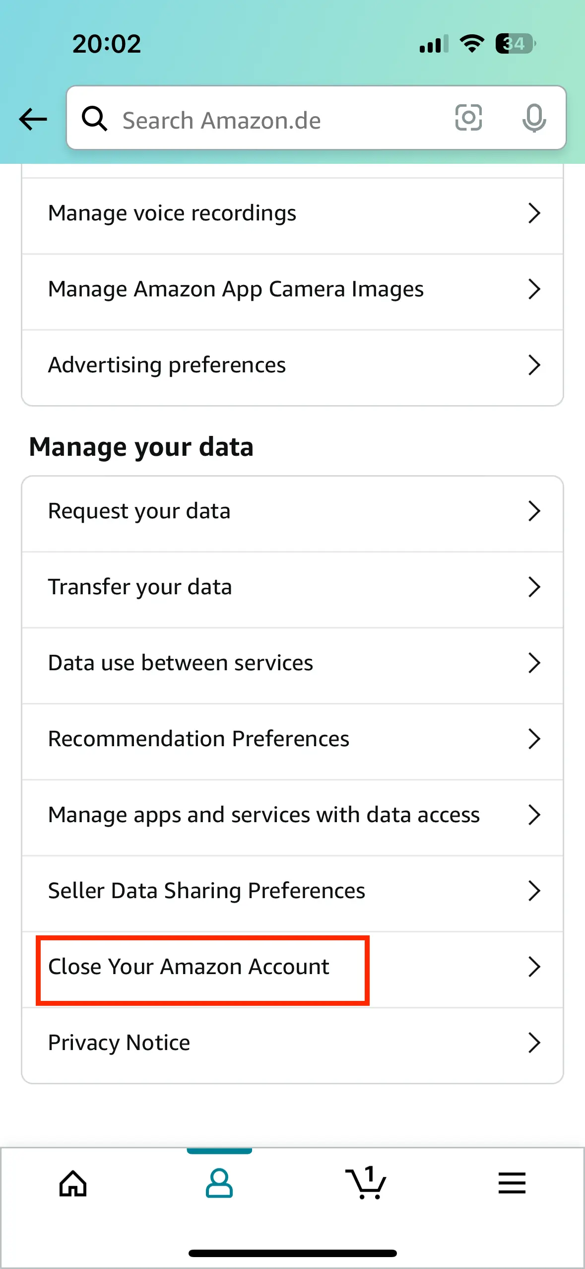 Appli Amazon : menu « Gérer vos données » Image: Appli Amazon : menu « Gérer vos données »