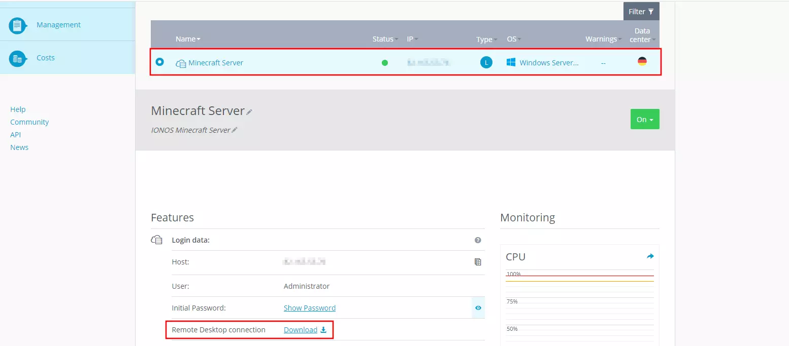 Cloud Panel IONOS : sélection du serveur