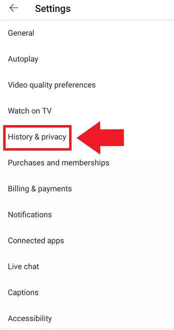 Image: Paramètres de l’application YouTube : « Historique et confidentialité »