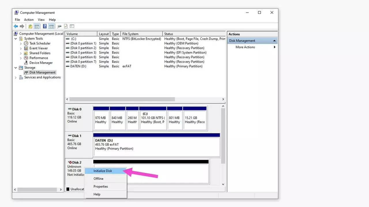 Image: Gestion des disques Windows avec un disque 2 inconnu