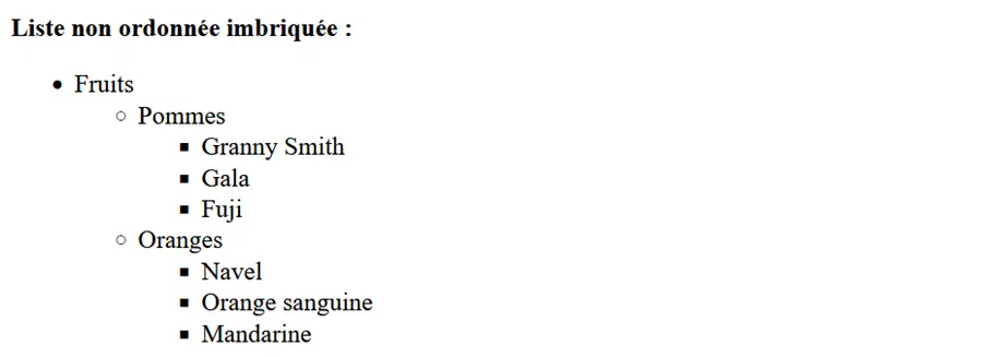 Exemple de liste HTML imbriquée et non ordonnée Image: Exemple de liste HTML imbriquée et non ordonnée
