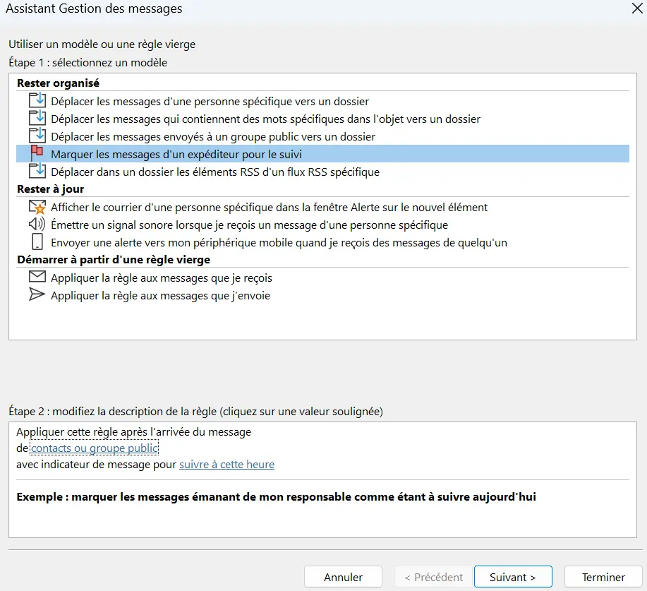Image: Assistant de règles Outlook : sélection du modèle de règle