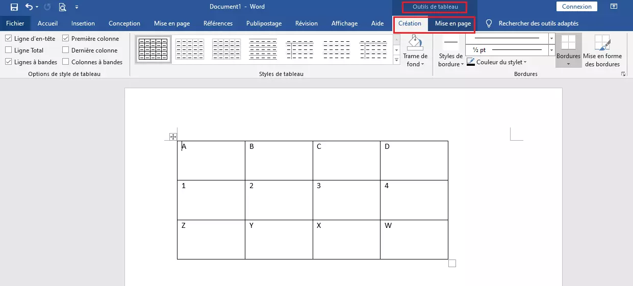 Image: Sélection d’outils de tableaux dans Word