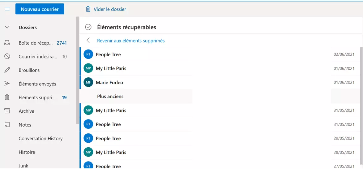 Image: Éléments récupérables dans Outlook.com
