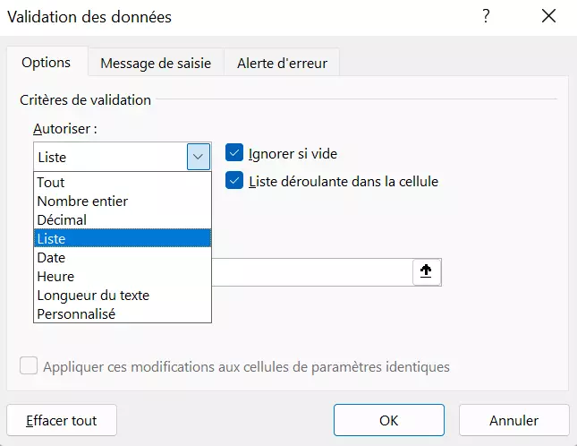 Menu de validation des données pour créer des listes déroulantes dans Excel Menu de validation des données pour créer des listes déroulantes dans Excel