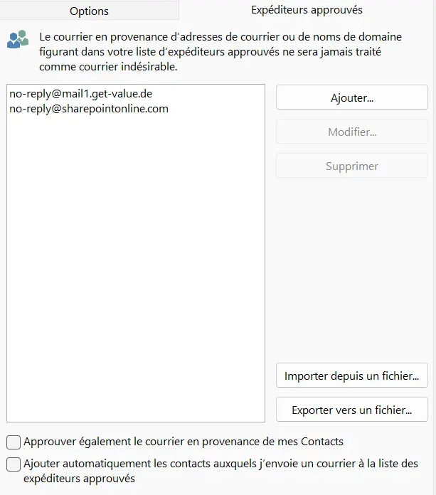 Image: Menu Outlook « Expéditeurs approuvés »