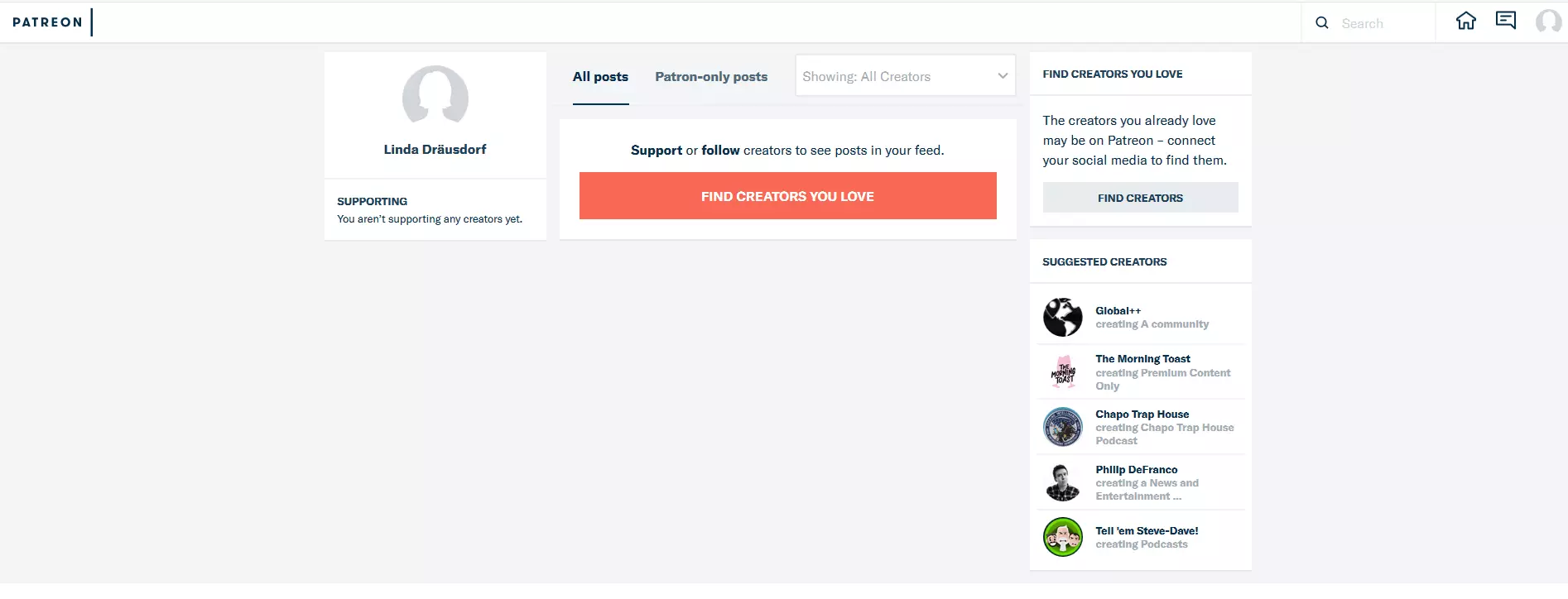 Image: Profil d’utilisateur d’un donateur Patreon avec un fil de contribution et une proposition de pages-projets