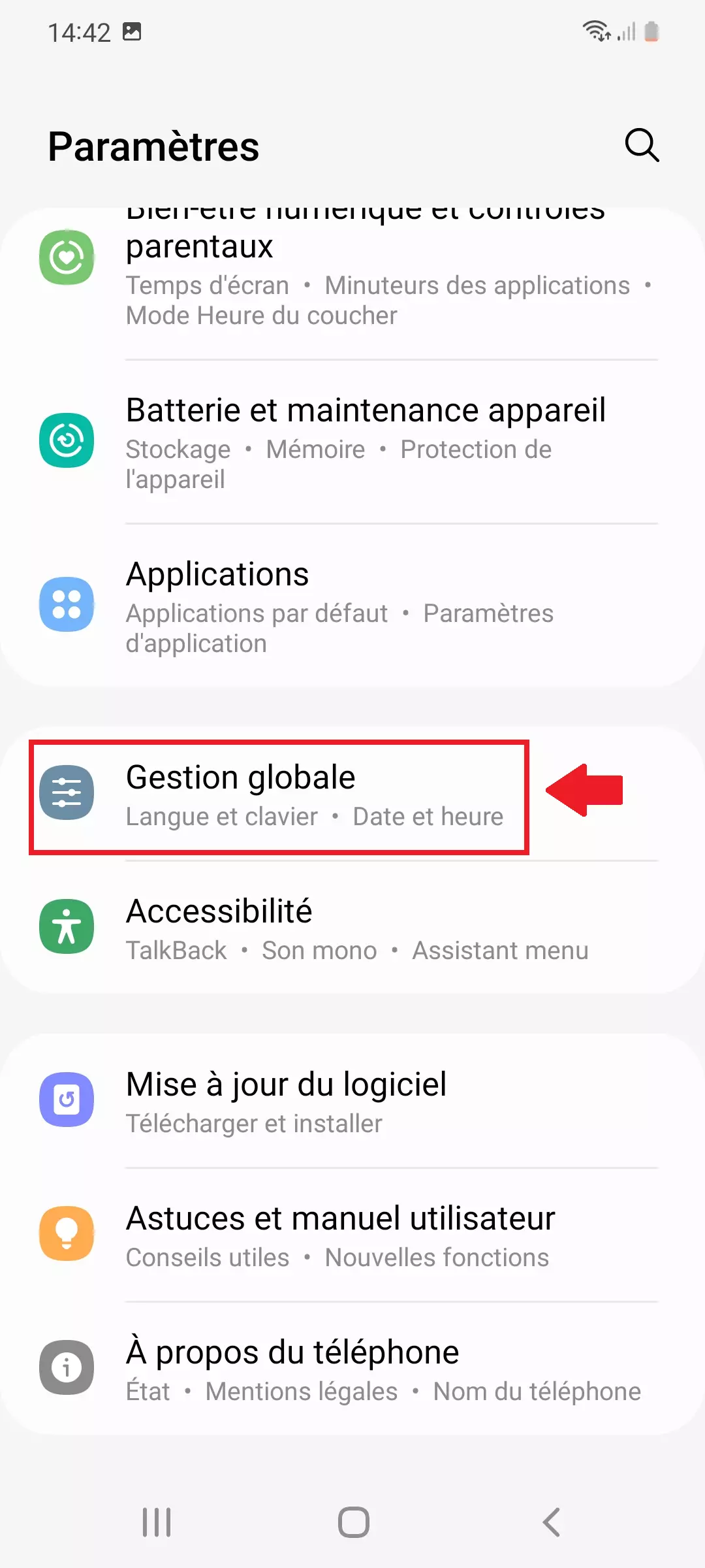 Image: Élément de menu « Langue et clavier » dans les paramètres de gestion globale d’Android
