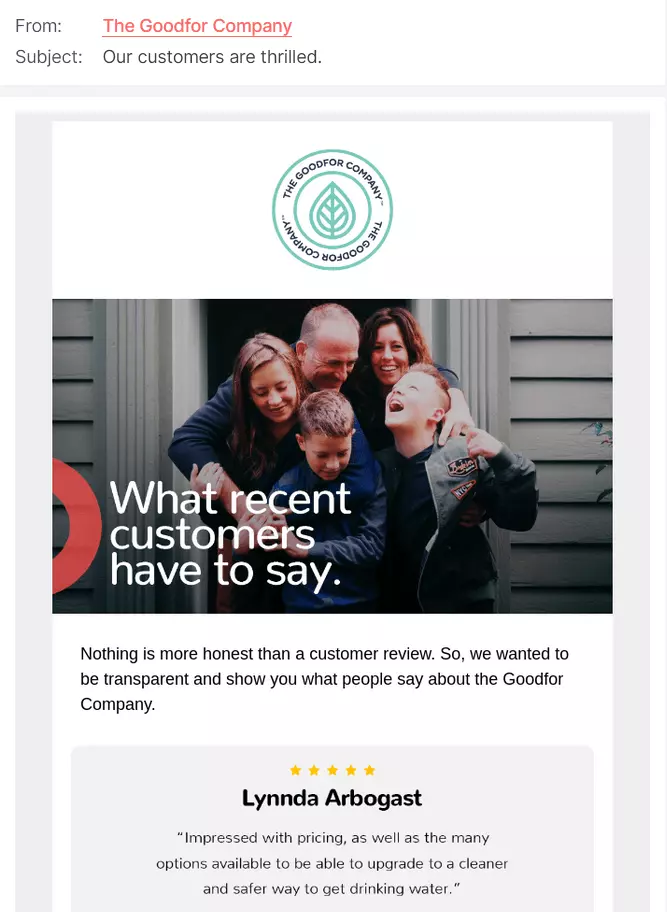Exemple de newsletter avec commentaire client de The Goodfor Company
