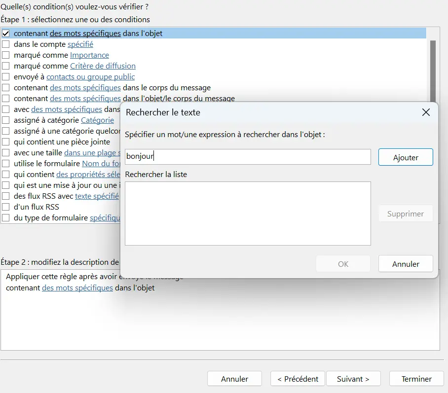Image: Assistant de règles Outlook : modification de la condition de règle