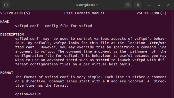 Page de manuel du fichier de configuration vsftpd Image: Page de manuel du fichier de configuration vsftpd
