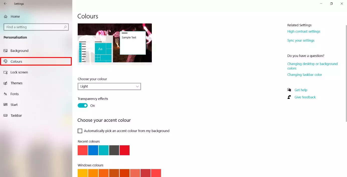 Paramètres Windows : « Couleurs »
