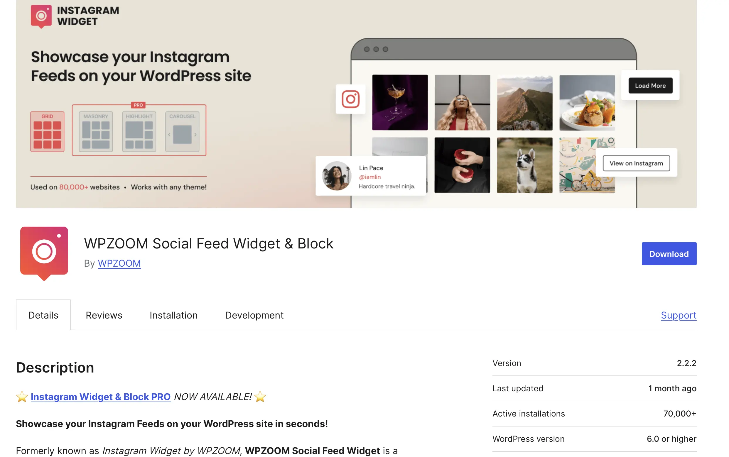 Image: WPZOOM Social Feed Widget & Block dans le r&eacute;pertoire de plugins WordPress