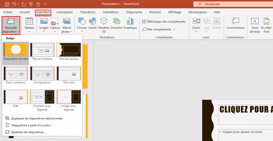 Image: Ajout de la mise en page des diapositives via l’onglet « Insertion » dans PowerPoint 365