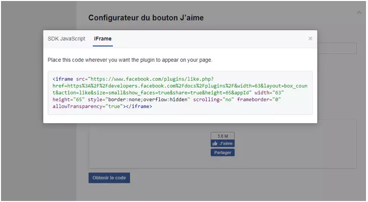 Image: Code du bouton créé dans la variante iFrame